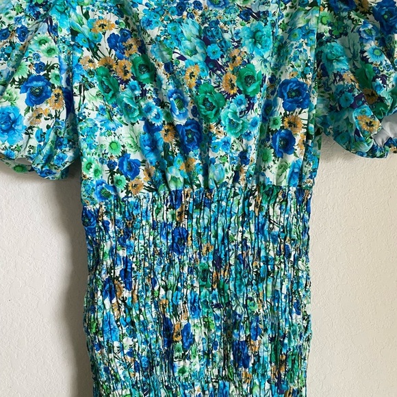Zara Floral Print Smocked Bodice Ruffle Hem Square Neck Puff Sleeve Mini Dress S - Picture 11 of 14